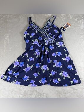 Lands' End Navy Floral Wrap Sundress with Purple Accents